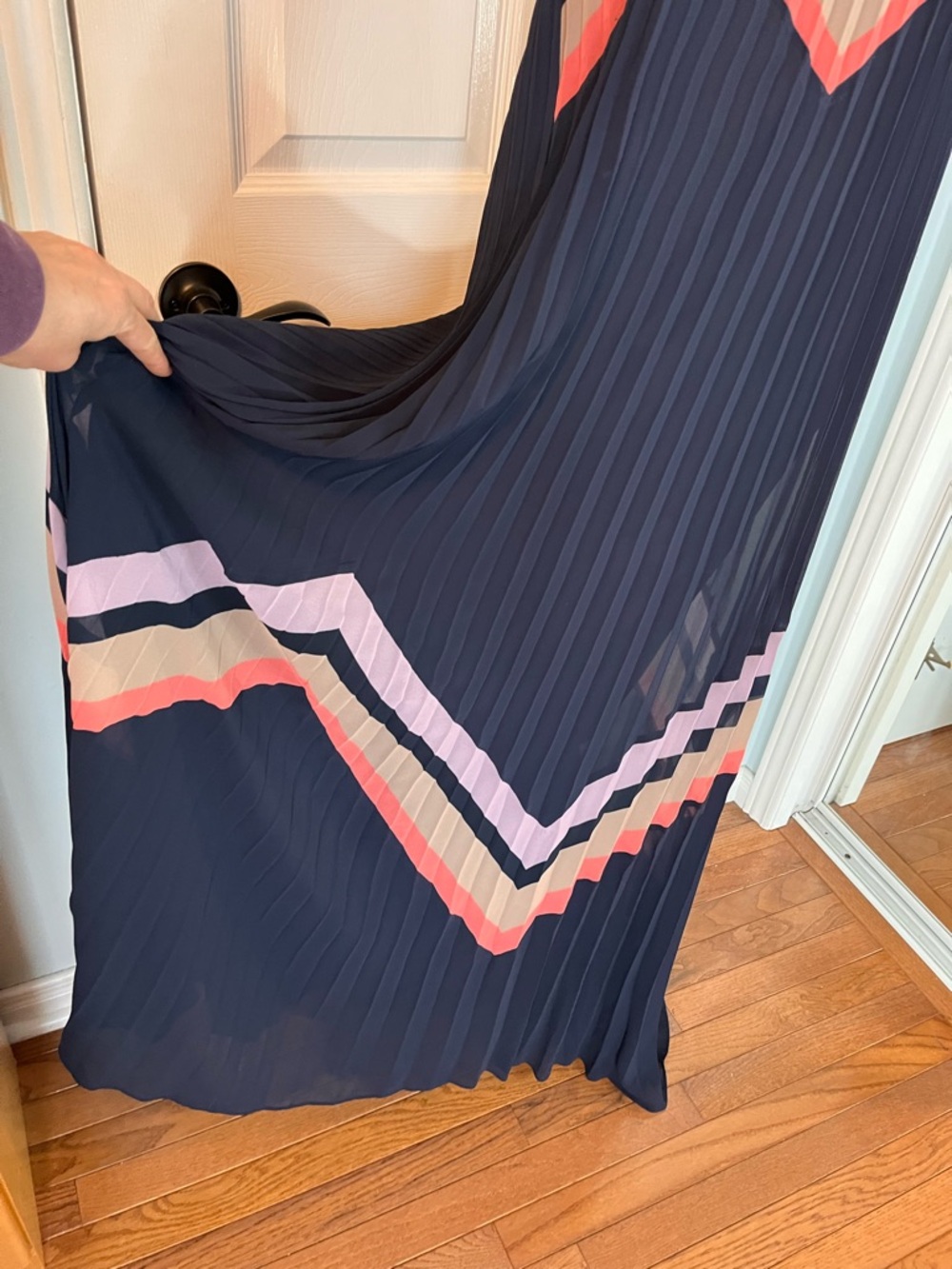 Y.A.S. Navy Chevron Pleated Maxi Dress Medium Pink Coral Beige Boho Chic - Picture 5 of 14